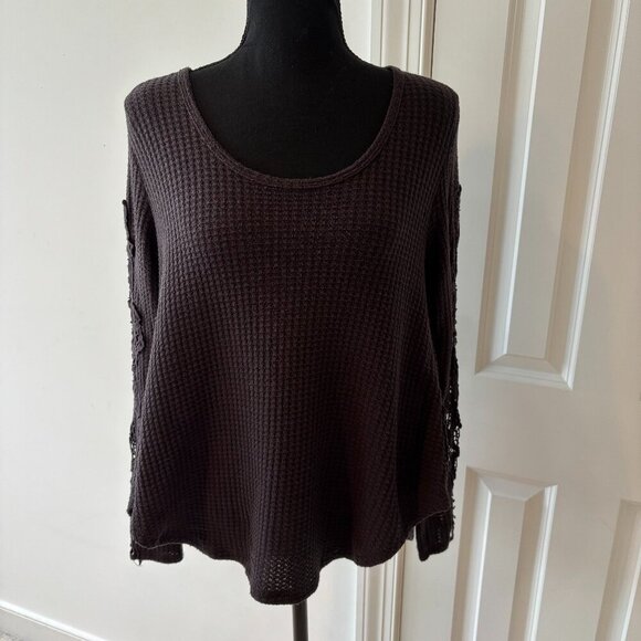 Altar'd State Black Long Sleeve Waffle Knit Flowy top with Crochet Detail Size S - Picture 1 of 9